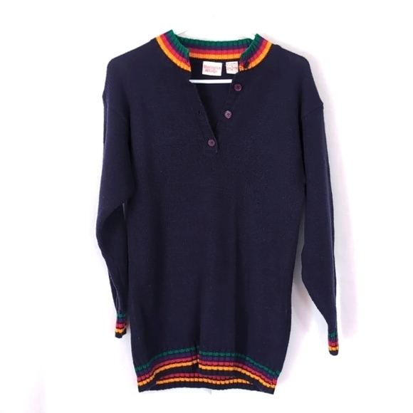 Vintage Huntington Ridge Navy Rainbow Quarter Button Sweater Size Small - Picture 1 of 6